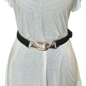 Chico’s Black Leather Hook Belt Gold Tone Clasp M/L Adjustable